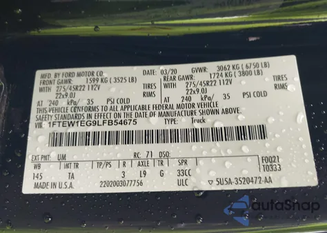 2020 Ford F150 Supercrew z USA, uszkodzony, nr VIN 1FTEW1EG9LFB54675